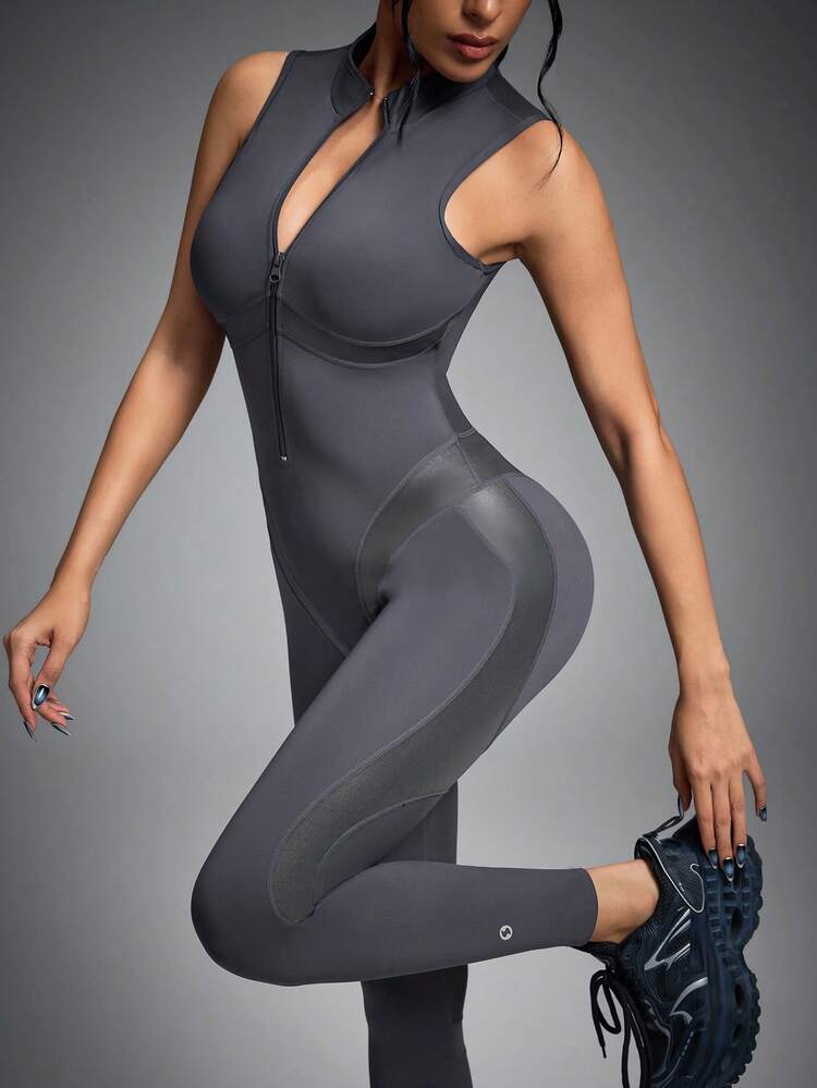 Innovista 撞色拉链紧身无袖运动连体裤，PU材质拉链连体裤，灰蓝色，高弹PU拼接，前拉链，透气网布后背，可拆卸胸垫 | 塑形压缩，提臀，防蹲，适合健身房训练、瑜伽、普拉提 | Gymtok Moto Athleisure Y2k - 深灰色 - 查看 5