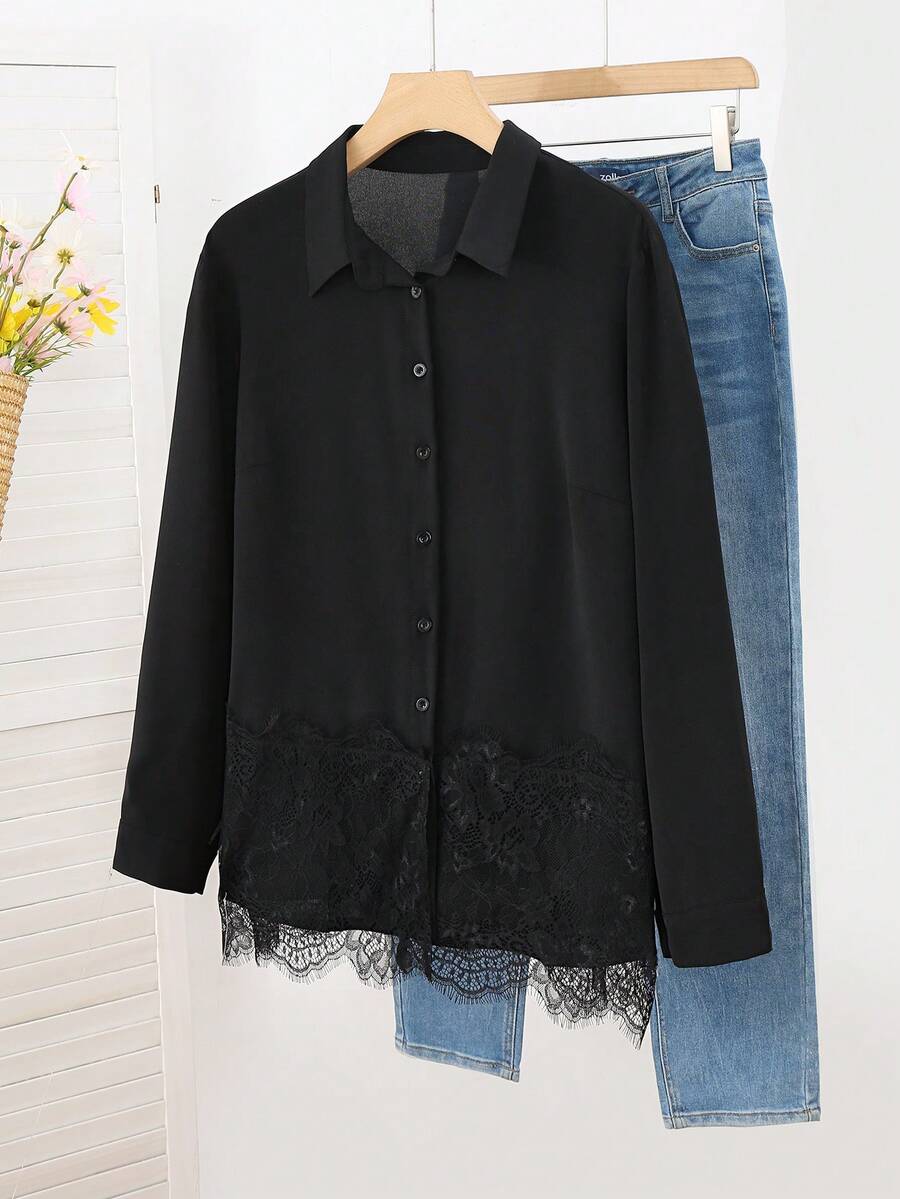 Modelyn Elegant Solid Color Long Sleeve Hem Ruffle Decor Fitted Plus Size Blouse, Spring/Autumn - Black - View 1