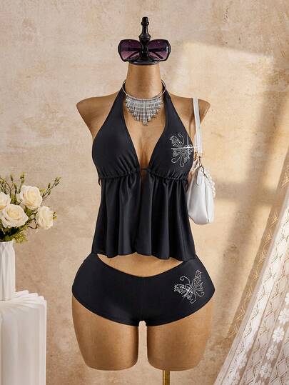 Bellisia Conjunto de traje de baño tipo tankini con flores de strass negro para vacaciones en la playa de mujeres 2026