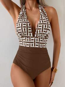 Swim Lushoire 女士几何印花深V露背连体泳衣，度假款 - 彩色 - 查看 5