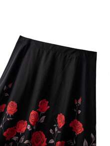 GlowEve CURVE Falda acampanada con estampado floral de rosa para mujer de talla grande, falda elegante y retro para uso diario, de vacaciones o fiestas, de color rojo chino, ideal para el Día de San Valentín - Negro - Ver 5