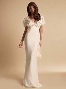 SHEIN BAE Vestido elegante de satén y encaje con escote en V, mangas cortas y espalda descubierta, en color albaricoque, adecuado para invitados de boda, brunch, ocasiones sociales, verano, citas, fiestas de cumpleaños - Albaricoque - Ver 4