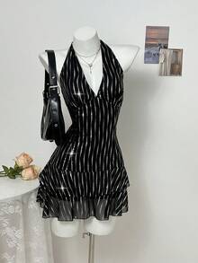 Elamini Women's Rhinestone Embellished Ruffle Hem Halter Neck Dress Black And Silver Dress Black And White Dress Women Black See Through Dress Halter Dress Women's Party Dress - Black - View 3