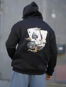 Heavens Edit 男士扑克印花保暖连帽抽绳衫，带口袋，秋冬季长袖上衣 - 黑色 - 查看 3