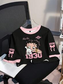 Betty Boop x SHEIN Women's Summer Cartoon And Bow Number Print Ringer Short Sleeve Cropped T-Shirt - White - View 1