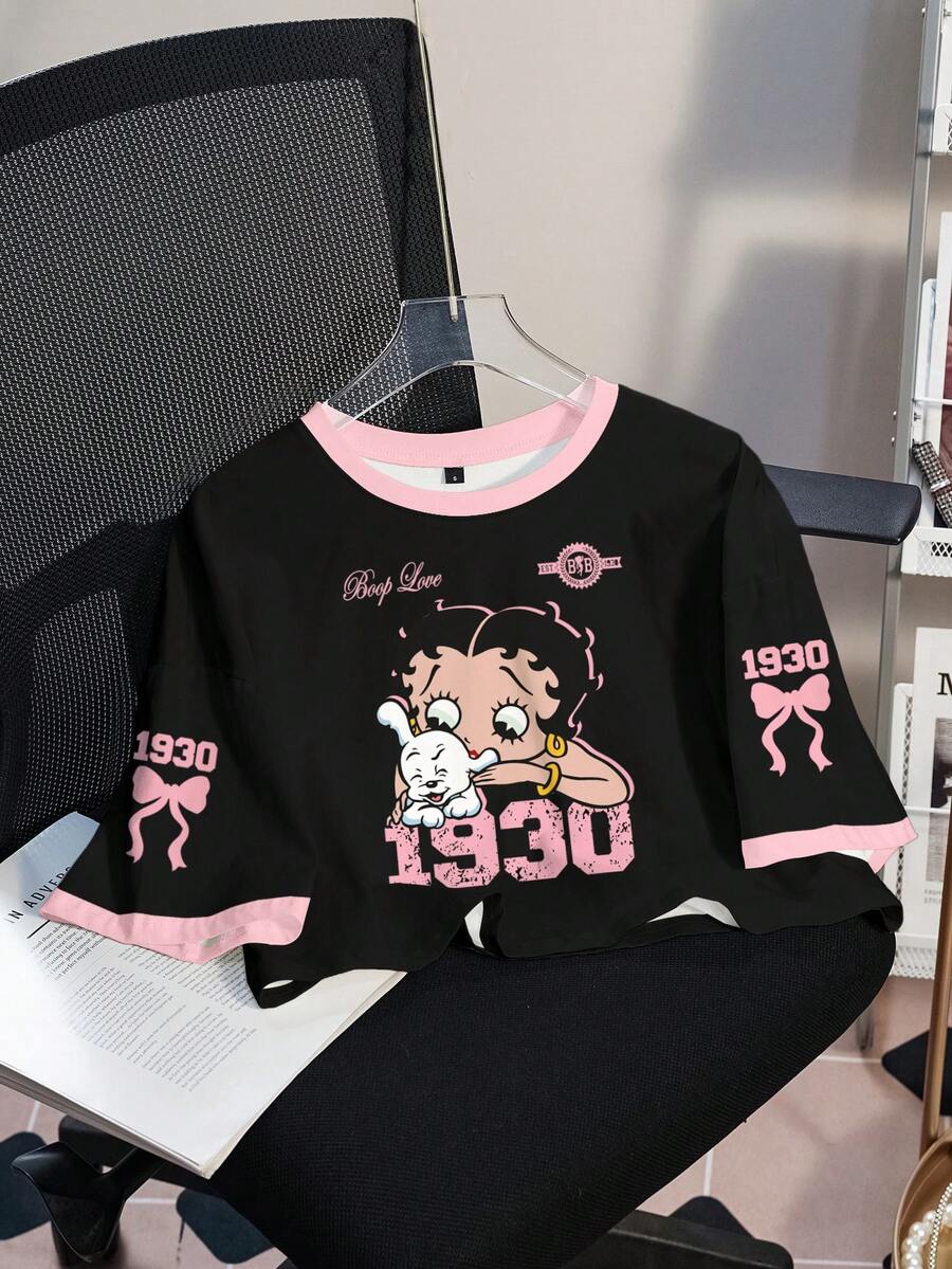 Betty Boop x SHEIN Women's Summer Cartoon And Bow Number Print Ringer Short Sleeve Cropped T-Shirt - White - View 1