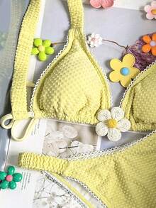 Swim Mod Damen-Bikini aus blassgelbem Badeanzugstoff mit Trägern, schlichtem Design, hoch geschnittenem Unterteil und Schnürdetails - Gänsegelb - Übersicht 7
