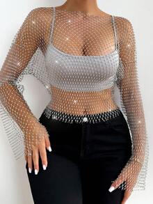 VaVaBold 女士时尚性感透视水钻渔网吊带背心套装，夏季，夏季上衣，夏季，夏季假期，女士夏季，女士夏季，春季，春季女士，春假，春季，春季，春季，春季女士，春季女士，度假女士，女士假期，夏季假期，女士度假，假期，假期，夏季假期，女士海滩假期 - 銀色 - 查看 3