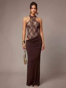 Silquee Solid Color Deep V-Neck Ruffle Long Sleeve Dress, Autumn/Winter - Coffee Brown - View 6