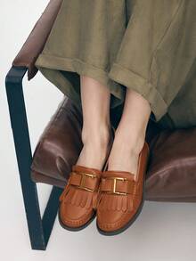 Mnmlis Women's Retro British Style Commuter Vintage Gold Buckle Brown Round Toe Flat Thick Heel Slip-On Loafers Casual Shoes Valentine's Day - Brown - View 9