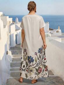 Linhara CURVE Große Größen Kleid mit Blume Muster, V-Ausschnitt, Lässig Urlaubskleid mit Kurzarm - Aprikosenfarben - Übersicht 2
