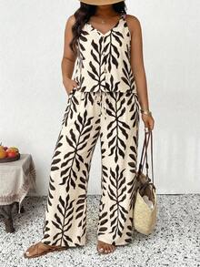 SHEIN Frenchy 大码印花纹理面料扭结前襟吊带背心和直筒休闲裤套装，春夏款 - 彩色 - 查看 4