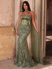Glamrae 优雅奢华的绿色3D立体花朵串珠弹力针织美人鱼裙，性感无肩带设计，适合婚礼、派对、度假、盛大晚宴等场合（装饰繁复） - 橄欖綠 - 查看 4