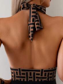 Swim Lushoire Women's Vacation Geometric Print Plunging Neck One-Piece Swimsuit For Summer - Multicolor - View 3