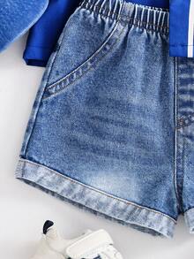 SHEIN 2件套男女宝宝休闲时尚蓝色短袖衬衫和牛仔短裤套装，春夏宝宝服装，套装，街头服饰 - 寶藍色 - 查看 6