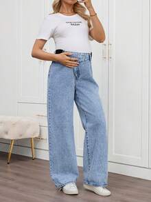 SHEIN 孕妇纯色休闲牛仔裤，春夏情人节嘉年华服装通勤度假毕业时尚Y2K可爱街头风性感派对婚礼优雅商务休闲女装蓝色阔腿牛仔裤，松紧腰牛仔裤，日常穿着 - 藍色 - 查看 4