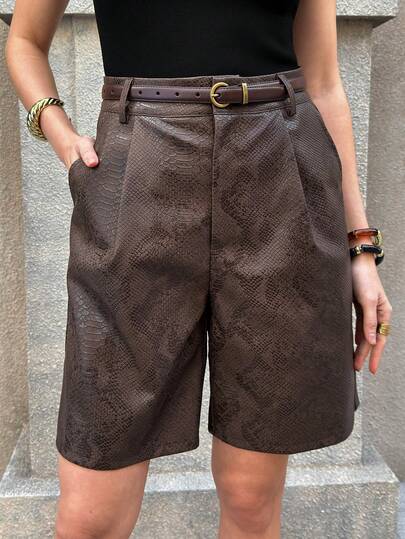 Solivie Women's Solid Color Slant Pocket PU Midi Skirt, Fashionable For Commuting