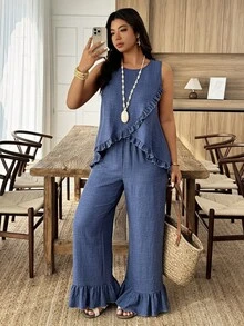Weeklong Set de 2 piese pentru femei, mărime plus, cu top lejer, fără mâneci, cu pantaloni drepți și croială lungă, potrivit pentru vacanță și purtare zilnică, primăvară/vară - Dusty Blue - Vizualizare 4