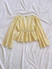 Soleia Women's Striped Front Tie V-Neck Flare Sleeve Ruffle Hem Blouse - Light Yellow - View 2