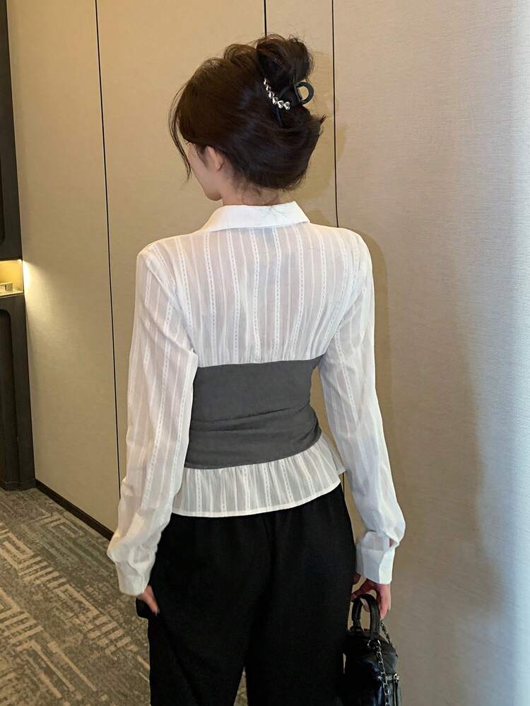 Women's 2 In 1 Tie Collar Long Sleeve Elegant Formal Blouse, Spring/Autumn