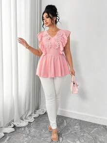 Elenzga 大码女式春夏印花V领收腰喇叭下摆休闲衬衫，优雅女式上衣，适合新年聚会、派对、度假、海滩、毕业典礼、节日、情人节、音乐节、母亲节、万圣节、感恩节、复活节、国庆节、舞会、约会、婚礼、郊游等场合。粉色女式衬衫，优雅粉色印花上衣，娃娃衫式上衣，粉色荷叶边上衣，女士粉色 - 粉色 - 查看 6