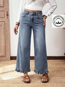 EMERY ROSE Plus Size Women Street Casual Comfortable Mid-Blue Non-Stretch Ruffle Hem Straight Leg Jeans - Medium Wash - View 7