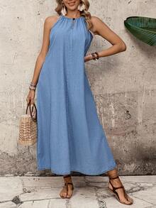 EMERY ROSE 女士休闲褶皱露背开衩牛仔连衣裙，适合度假、约会和外出穿着 - 藍色 - 查看 3