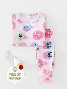 2件套女童可爱卡通冰淇淋印花柔软贴身圆领长袖上衣和裤子睡衣套装 - 彩色 - 查看 5