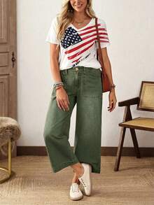 EMERY ROSE Plus Size Solid Color Casual Denim Jeans - Green - View 8