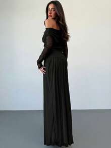 Aloruh 新款露肩长袖撞色网纱刺绣不对称下摆拼接高弹显瘦连衣裙 - 黑色 - 查看 3