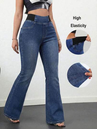 SHEIN Tall Pantalones vaqueros de mujer informales de tiro alto con pierna acampanada, pantalones vaqueros ajustados y elásticos de color azul para mujer, pantalones acampanados de verano para mujeres altas
