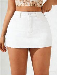 Breezaya 夏季休闲纯色牛仔短裤 - 白色 - 查看 4