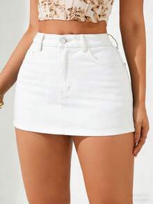 Breezaya 夏季休闲纯色牛仔短裤 - 白色 - 查看 6