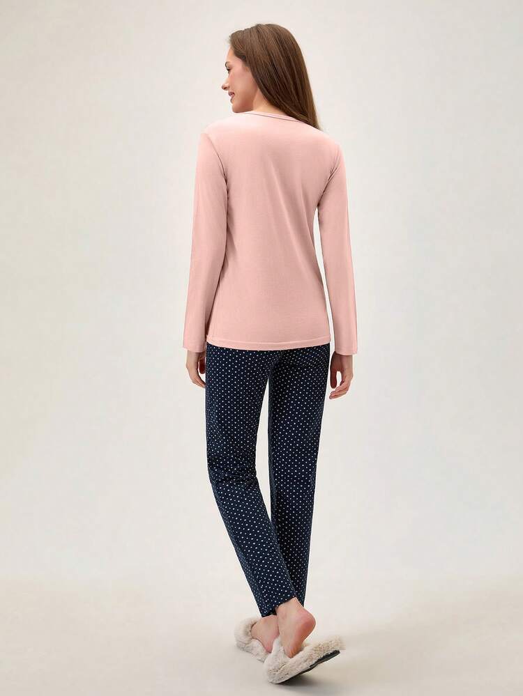 Loomlin 两件套纯棉撞色月亮印花上衣和星星印花睡裤睡衣套装 - 淺粉色 - 查看 2