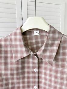 SHEIN 少女休闲日常复古格子短袖衬衫 - 粉色 - 查看 6