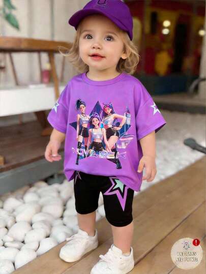 SHEIN 女婴数码印花短袖T恤和短裤套装