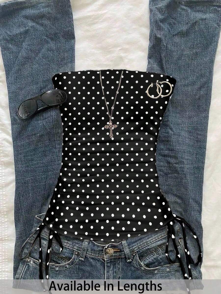 SHEIN Tall CURVE Áo ống chấm bi tối giản, ôm sát, thời trang dành cho nữ cỡ lớn, thích hợp cho mùa hè, kỳ nghỉ, ngày lễ tình nhân, lễ tốt nghiệp, kỳ nghỉ, phong cách thường ngày, chấm bi, áo đen, kỳ nghỉ biển, áo quây cho nữ. - màu đen - Xem 1