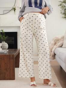 SHEIN 孕妇蝴蝶结印花抽绳腰带口袋阔腿宽松休闲裤 - 卡其色 - 查看 5