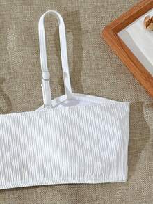 SHEIN Bộ bikini sọc trắng cho bé gái tuổi teen với họa tiết sao biển vàng, yếu tố ngọt ngào cổ điển cho kỳ nghỉ biển, món đồ bắt mắt cho bé gái tuổi teen - trắng - Xem 4