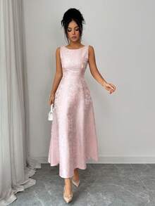 SHEIN Elenzya Women's Jacquard Fabric Backless Design Waist Cinched A-Line Elegant Everyday/Vacation/Commute Fashion Valentine's Day Date French Street Vintage Versatile Early Spring/Spring-Summer Sleeveless Light Pink New Mid-Length Dress - Pink - View 5