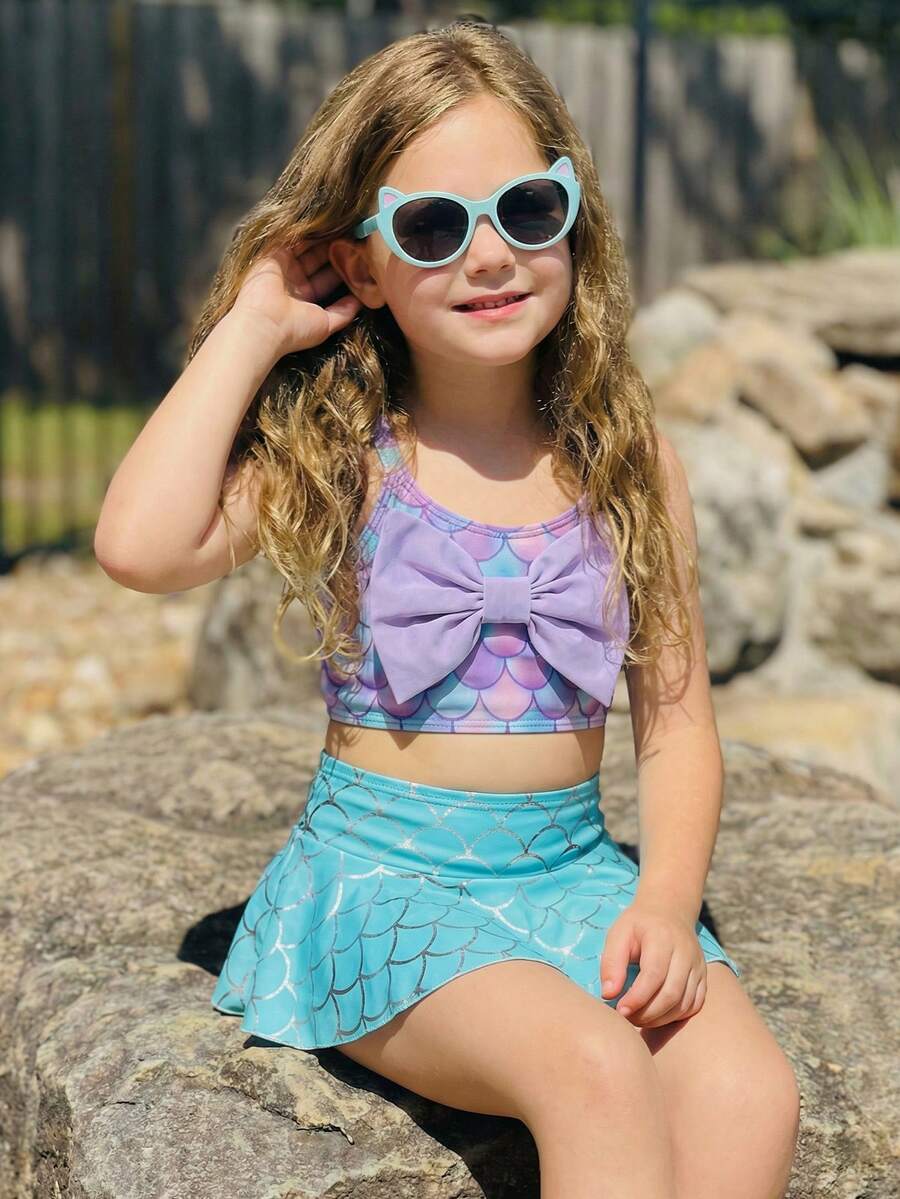 Emery Rose Kids Emery Rose Kids Set de 2 piezas Traje de baño para niña con decoración de escamas y moño de sirena, adecuado para vacaciones en la playa - Rosa - Ver 1