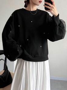 FRIFUL 女士圆领网眼拼接珍珠装饰加厚抓绒卫衣 - 黑色 - 查看 3