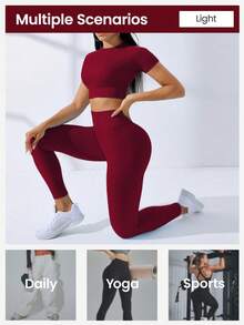 SHEIN Core Rhythm High Stretch Seamless Women's Short Sleeve Top And High Waist Long Pants Sports Suit Women S Athletic Sets Workout Clothes Women Workout Rompers Jumpsuits Women Clothing Athletic - Burgundy - View 4