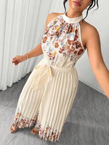 Elenzga Mono de pierna ancha con cuello de halter plisado y estampado para mujer de talla grande, estilo elegante y romántico para citas de primavera/verano. Monos elegantes y bohemios para mujer, conjuntos de ropa de vacaciones, atuendos de verano para mujer, atuendos de primavera para mujer, vestidos, atuendos de boda para mujer - Albaricoque - Ver 6