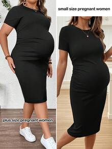 SHEIN Maternity Clothes Plus-Size Maternity Clothing Dress Casual Summer Black Short-Sleeved Dress With Pleats For A Slim Fit.  Highly Elastic Comfortable - Black - View 1
