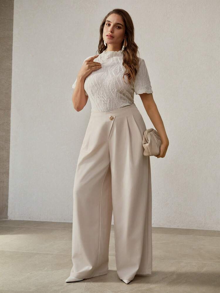 PLUS SIZE WOMEN'S SINGLE BUTTON ASYMMETRICAL HIGH WAIST WIDE LEG PANTS