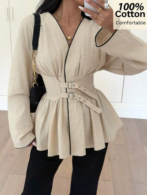 Siren Gaze New Pure Cotton Waist Long-Sleeved Shirt For Women, Contrasting Color Edge Waist A-Line Fashionable Women's Clothing Winter Casual Spring