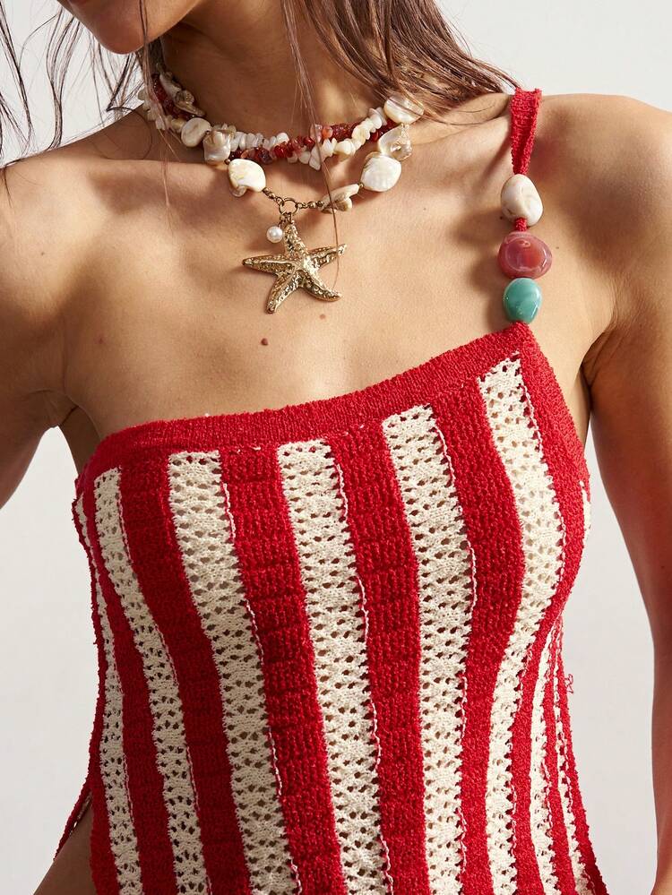 Bohemela เสื้อเบลาส์ชายหาดวันหยุดไหล่ข้างเดียวลายทางชายเสื้อไม่สมมาตร - สีแดง - ดู 2