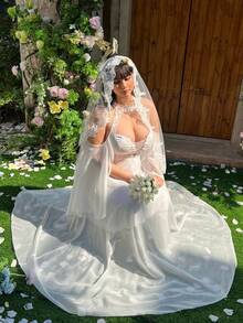 Lyrianda 法式复古柔软雪纺薄纱小众优雅新娘婚纱，露肩、V领、挂脖、无袖披肩，搭配同色蕾丝拼接优雅婚纱，白色 - 白色 - 查看 8