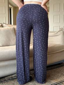 Dazy Plus Ditsy Floral Drawstring Waist Fitted Straight Leg Pajama Bottoms - Navy Blue - View 10